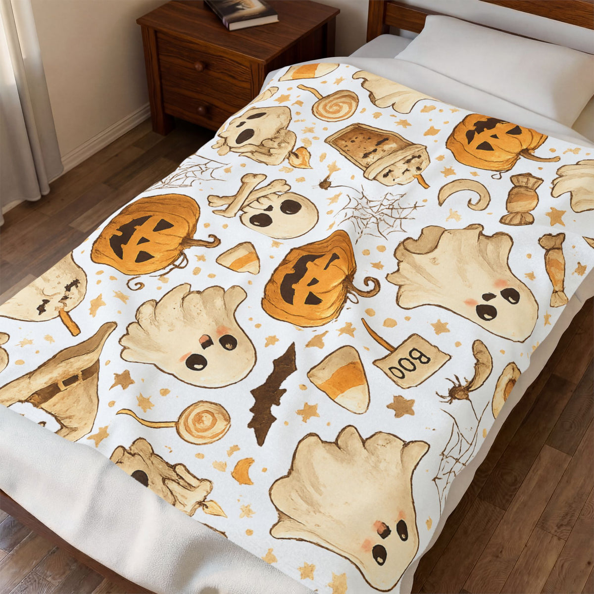Velveteen Plush Blanket — Cute Halloween Ghosts & Pumpkins Cozy Throw