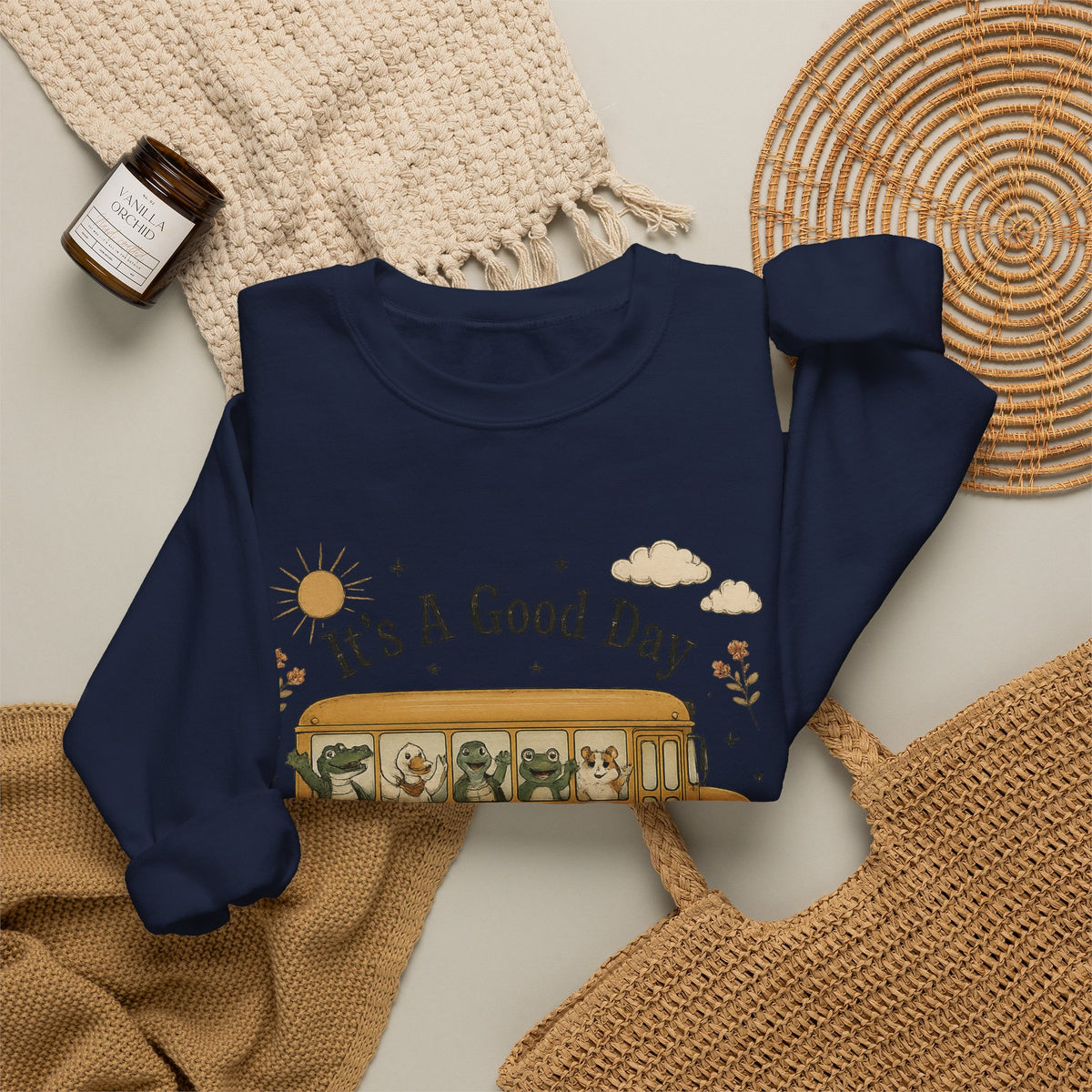 Crewneck Sweatshirt — "It's A Good Day for Learning" School Bus Design