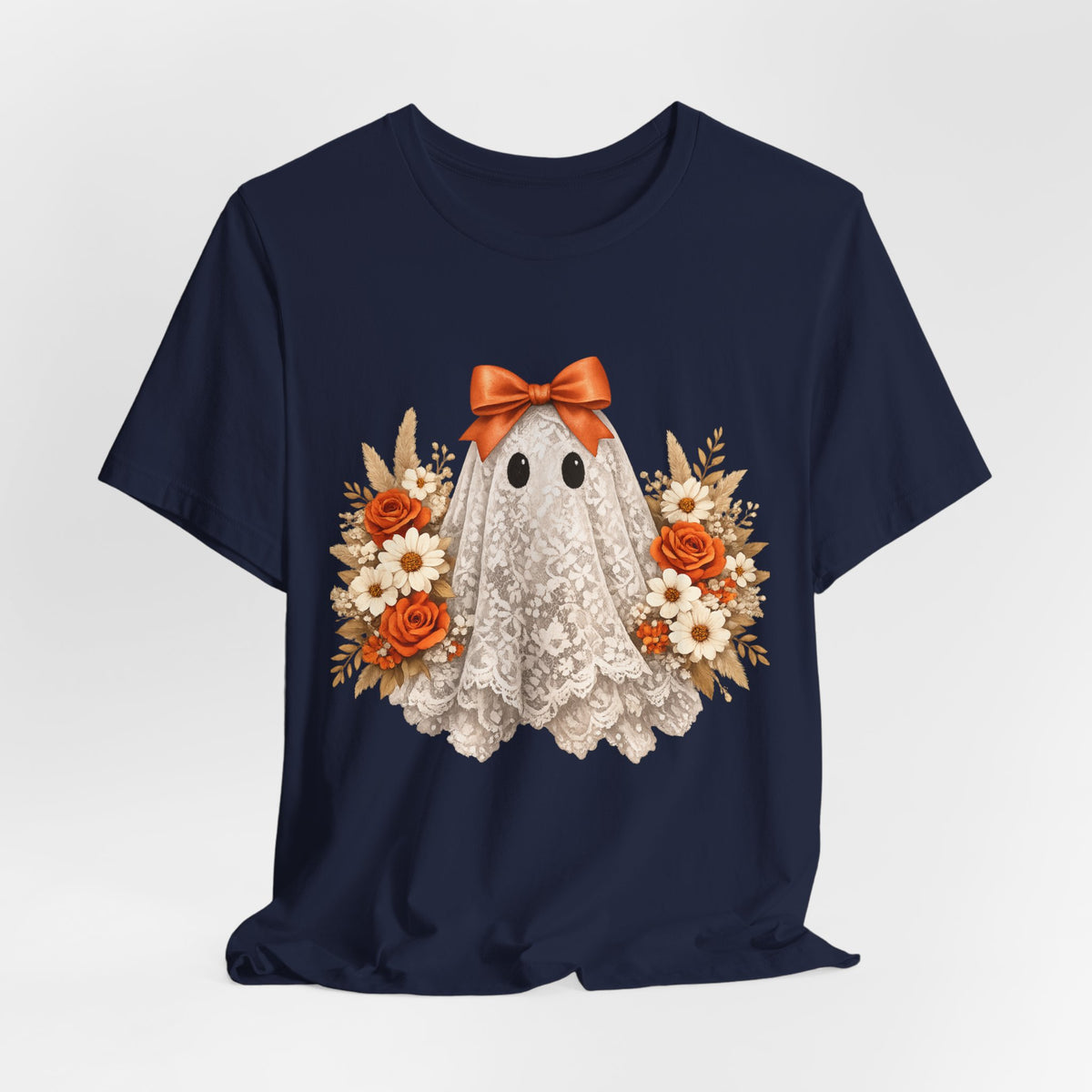 Lace Ghost Tee with Orange Floral Bouquet — Cute Halloween T-Shirt