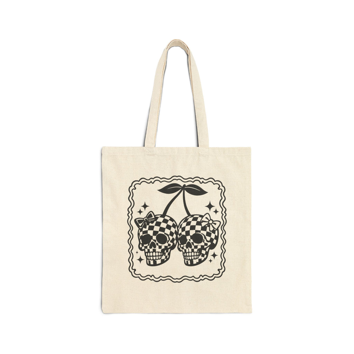 Checker Skull Cherry Tote Bag – Gothic Vintage Canvas Shopper