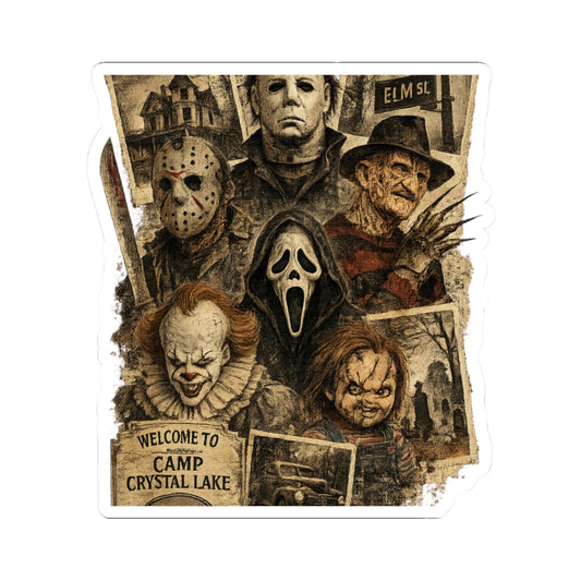 Horror Icons Collage Sticker — Vintage Slasher Movie Kiss-Cut Decal