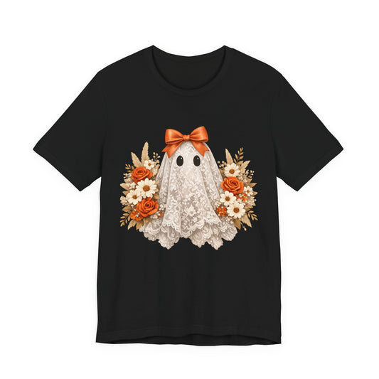 Lace Ghost Tee with Orange Floral Bouquet — Cute Halloween T-Shirt