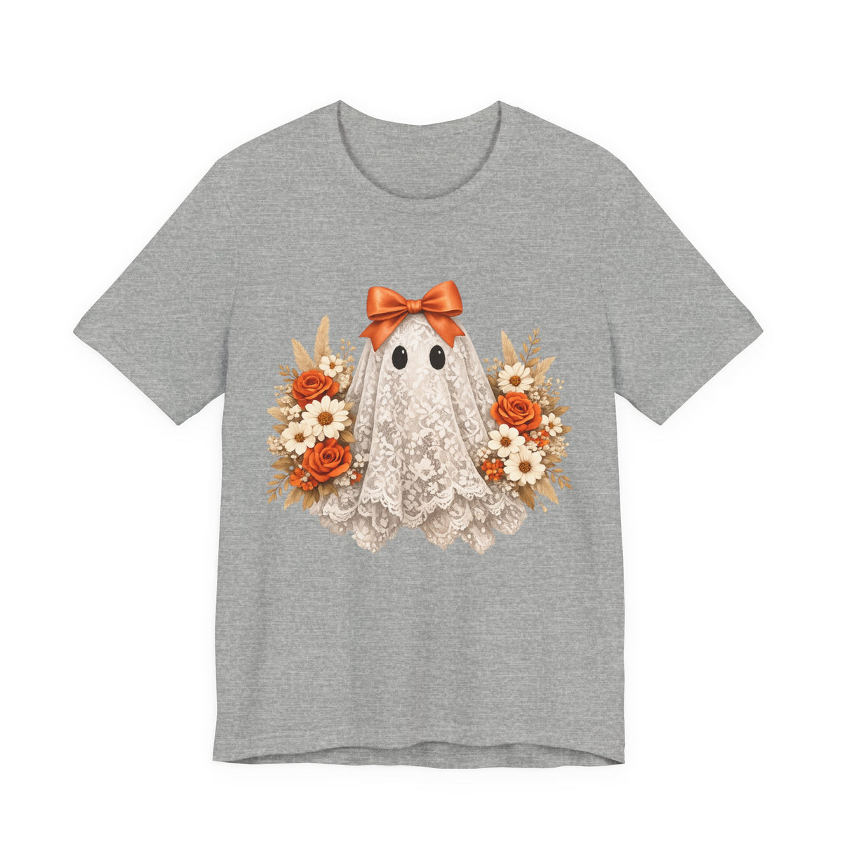 Lace Ghost Tee with Orange Floral Bouquet — Cute Halloween T-Shirt