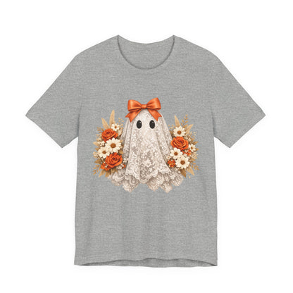 Lace Ghost Tee with Orange Floral Bouquet — Cute Halloween T-Shirt