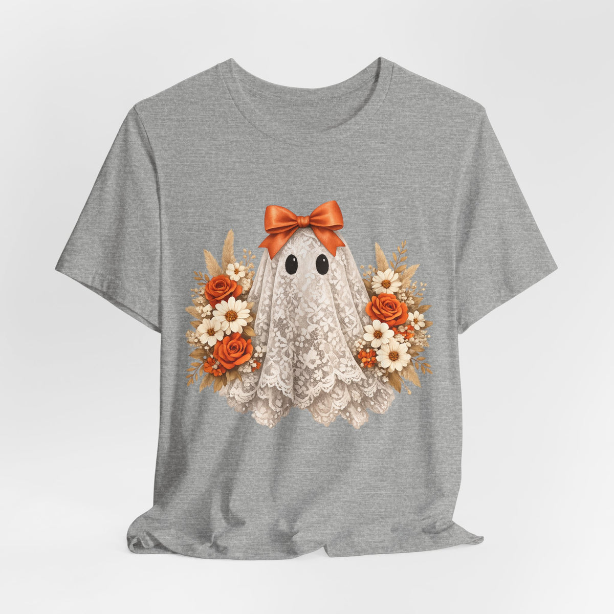 Lace Ghost Tee with Orange Floral Bouquet — Cute Halloween T-Shirt