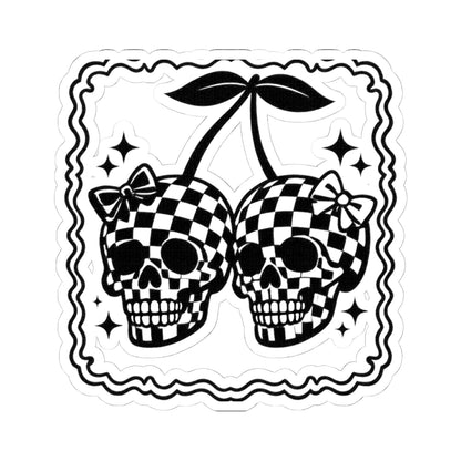 Checkerboard Skull Cherries Sticker — Gothic Retro Kiss-Cut Decal