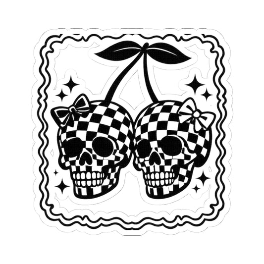Checkerboard Skull Cherries Sticker — Gothic Retro Kiss-Cut Decal