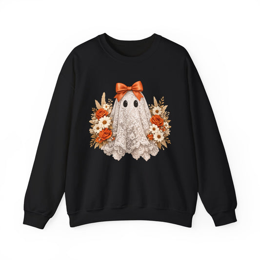 Halloween Floral Ghost Sweatshirt — Cute Ghost with Orange Bow & Autumn Flowers