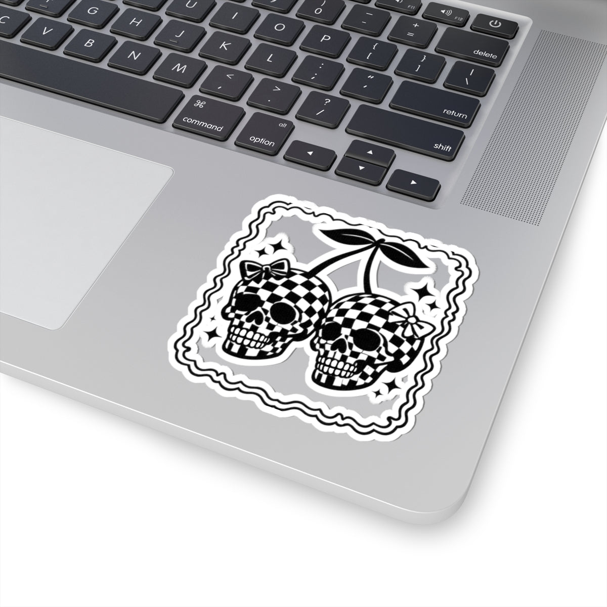 Checkerboard Skull Cherries Sticker — Gothic Retro Kiss-Cut Decal