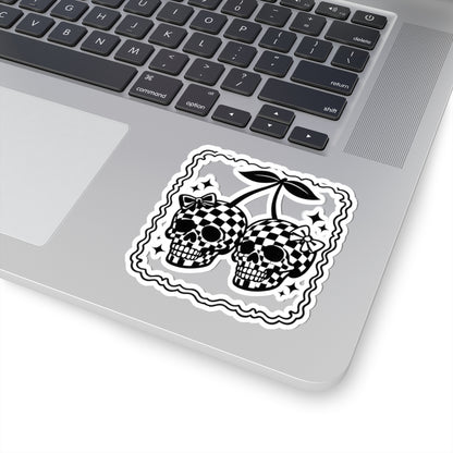 Checkerboard Skull Cherries Sticker — Gothic Retro Kiss-Cut Decal