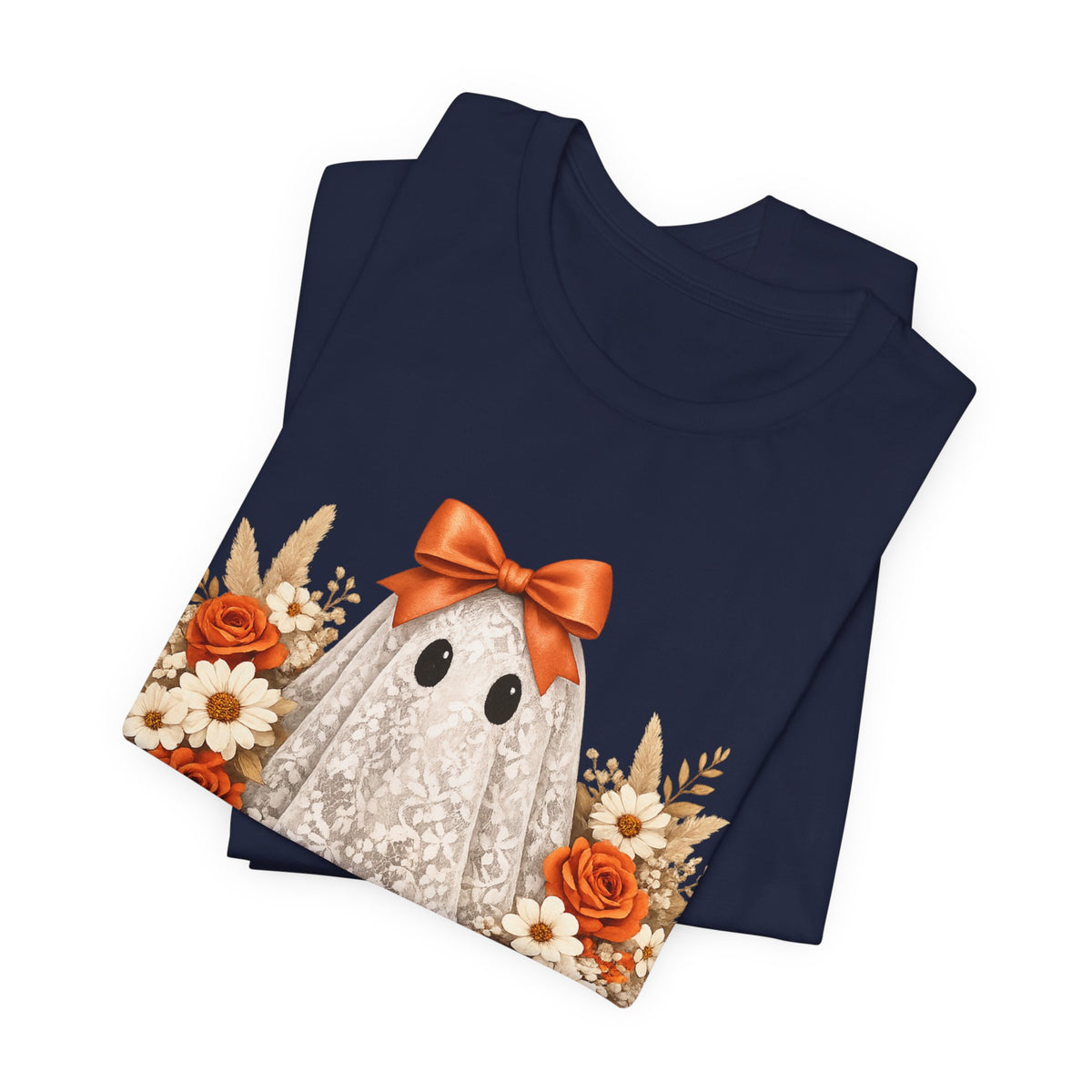 Lace Ghost Tee with Orange Floral Bouquet — Cute Halloween T-Shirt