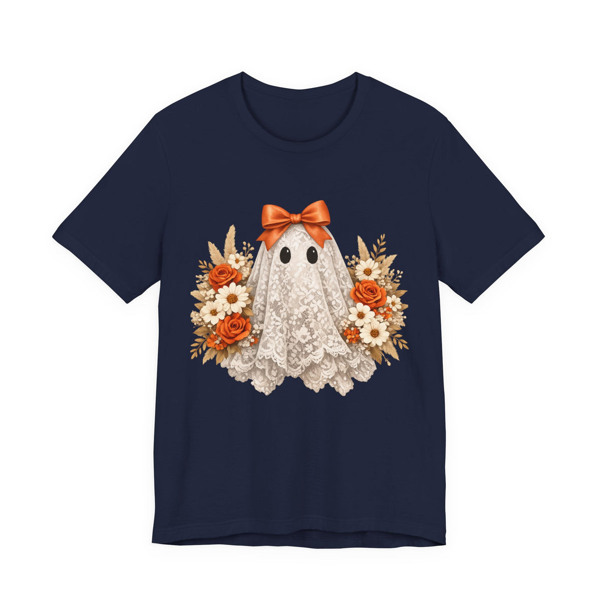 Lace Ghost Tee with Orange Floral Bouquet — Cute Halloween T-Shirt
