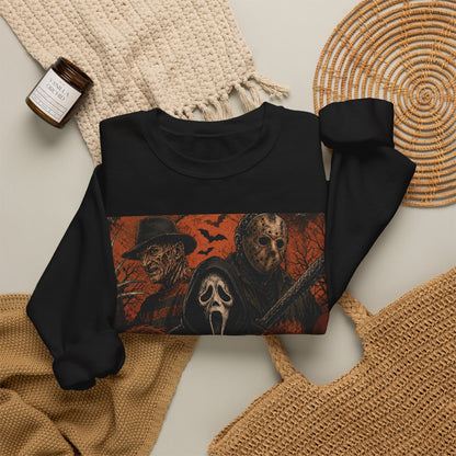 Horror Icons Crewneck Sweatshirt — Classic Slasher Movie Mask Collage