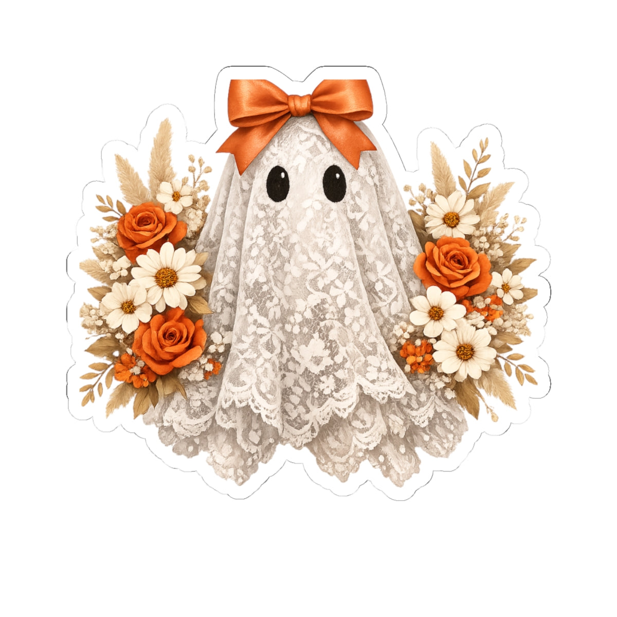 Halloween Floral Ghost Sticker — Cute Lace Ghost with Orange Bow & Roses