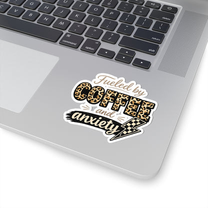 Sticker — "Fueled by Coffee and Anxiety" Leopard Print Laptop Decal
