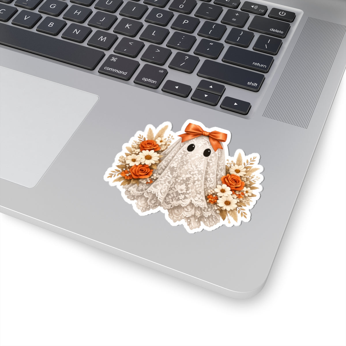 Halloween Floral Ghost Sticker — Cute Lace Ghost with Orange Bow & Roses