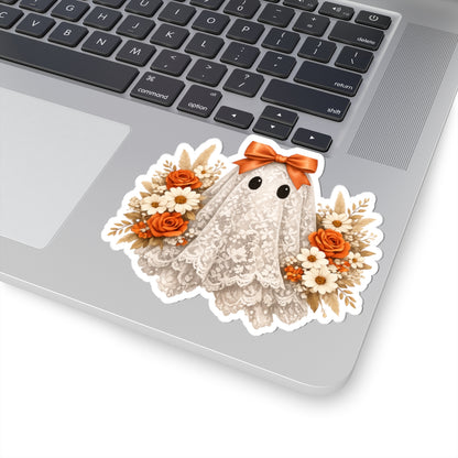 Halloween Floral Ghost Sticker — Cute Lace Ghost with Orange Bow & Roses