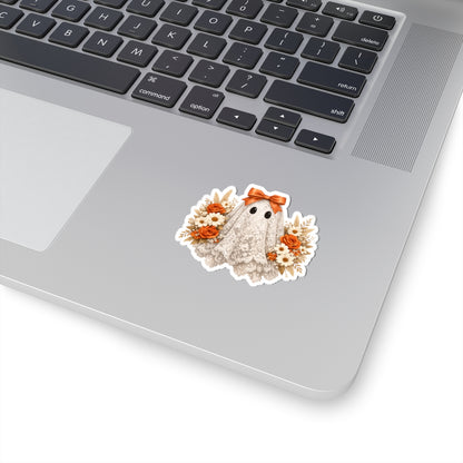 Halloween Floral Ghost Sticker — Cute Lace Ghost with Orange Bow & Roses