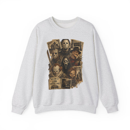 Horror Icons Crewneck Sweatshirt — Classic Slasher Mask Collage