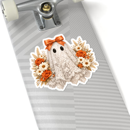 Halloween Floral Ghost Sticker — Cute Lace Ghost with Orange Bow & Roses