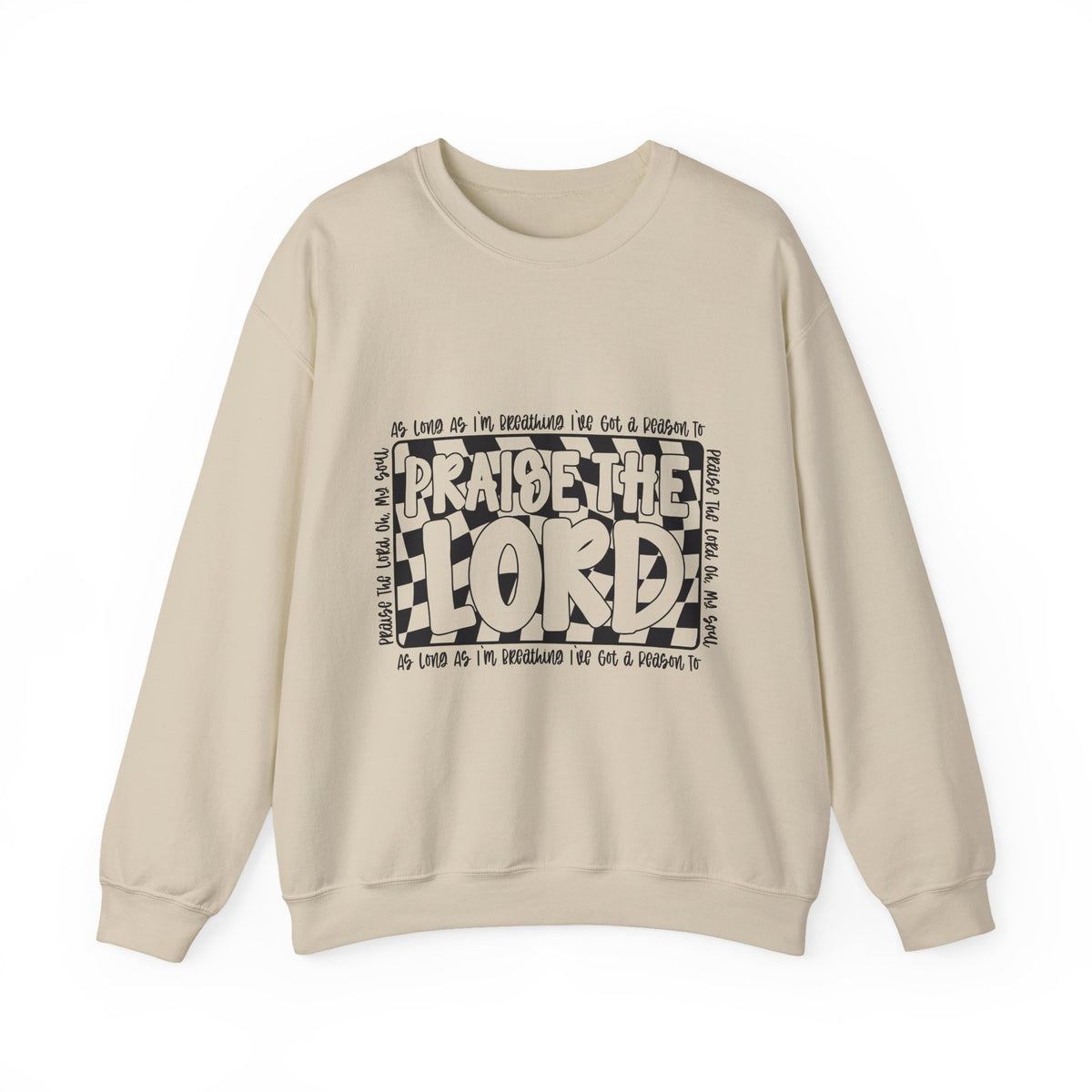 Praise the Lord Crewneck Sweatshirt — Retro Checkerblock Faith Graphic