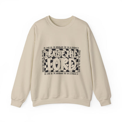 Praise the Lord Crewneck Sweatshirt — Retro Checkerblock Faith Graphic