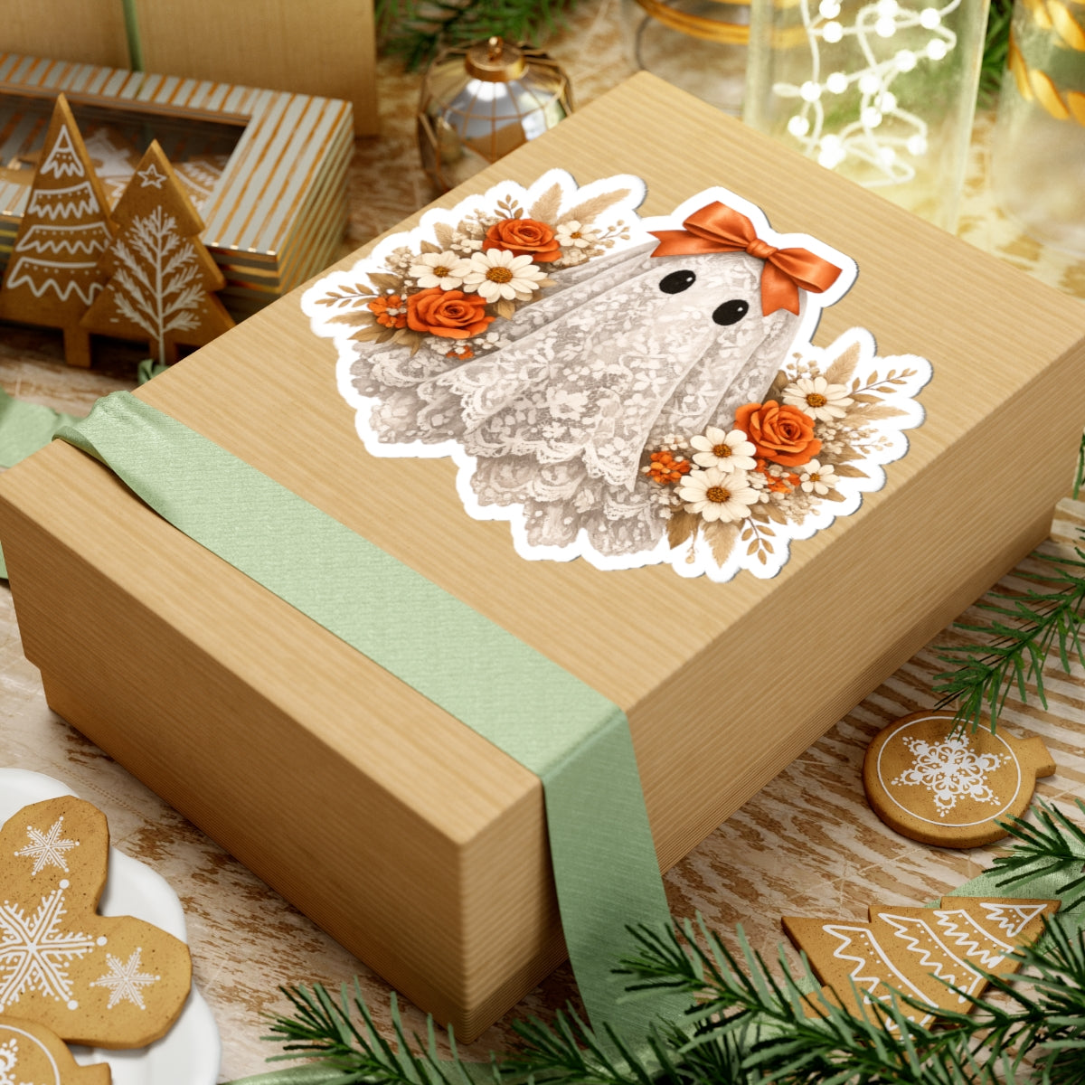 Halloween Floral Ghost Sticker — Cute Lace Ghost with Orange Bow & Roses
