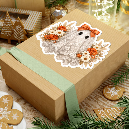 Halloween Floral Ghost Sticker — Cute Lace Ghost with Orange Bow & Roses