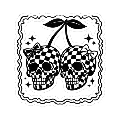 Checkerboard Skull Cherries Sticker — Gothic Retro Kiss-Cut Decal