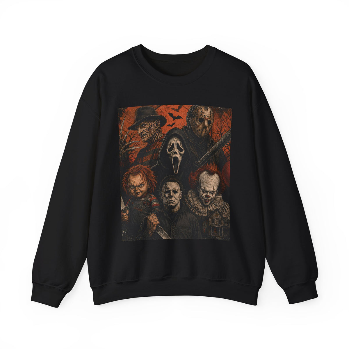 Horror Icons Crewneck Sweatshirt — Classic Slasher Movie Mask Collage