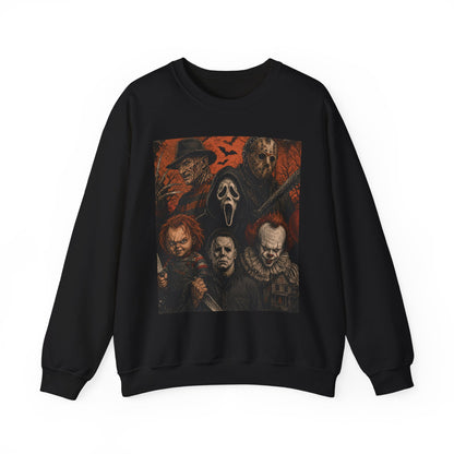 Horror Icons Crewneck Sweatshirt — Classic Slasher Movie Mask Collage