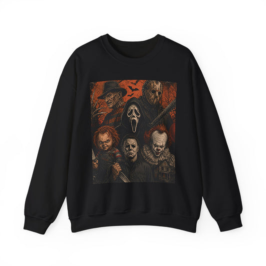 Horror Icons Crewneck Sweatshirt — Classic Slasher Movie Mask Collage