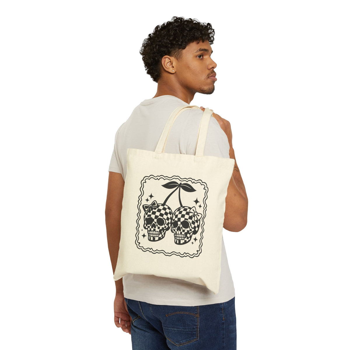 Checker Skull Cherry Tote Bag – Gothic Vintage Canvas Shopper