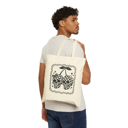 Checker Skull Cherry Tote Bag – Gothic Vintage Canvas Shopper