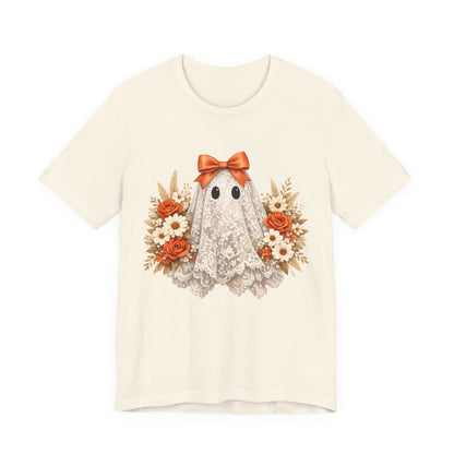 Lace Ghost Tee with Orange Floral Bouquet — Cute Halloween T-Shirt