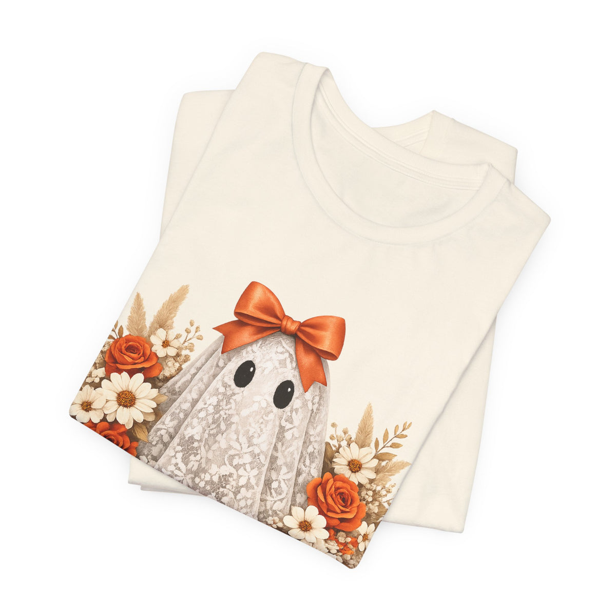 Lace Ghost Tee with Orange Floral Bouquet — Cute Halloween T-Shirt