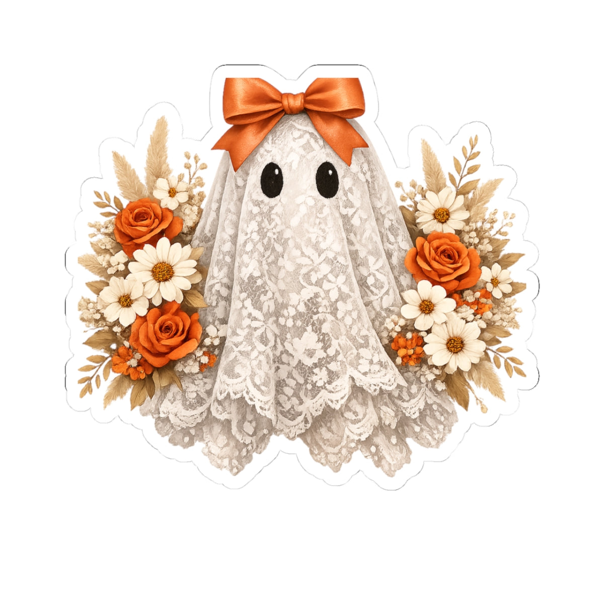 Halloween Floral Ghost Sticker — Cute Lace Ghost with Orange Bow & Roses
