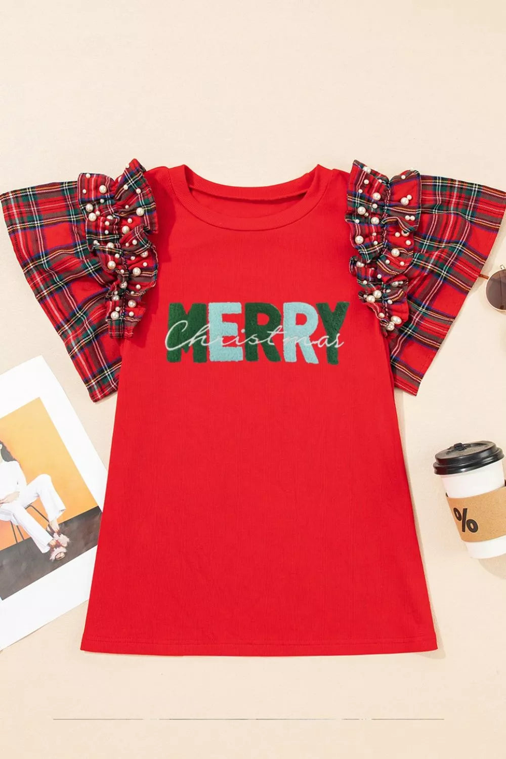 Congress Cap MERRY Plaid Ruffled Cap Sleeve Christmas Knit Top – Harrison House
