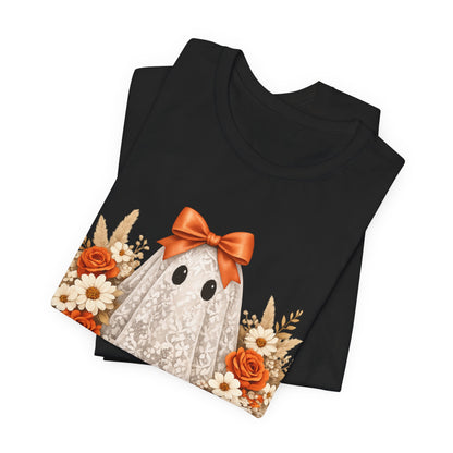 Lace Ghost Tee with Orange Floral Bouquet — Cute Halloween T-Shirt