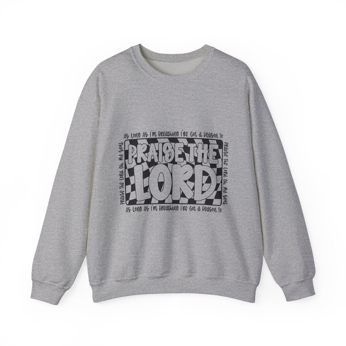 Praise the Lord Crewneck Sweatshirt — Retro Checkerblock Faith Graphic