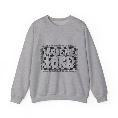 Praise the Lord Crewneck Sweatshirt — Retro Checkerblock Faith Graphic