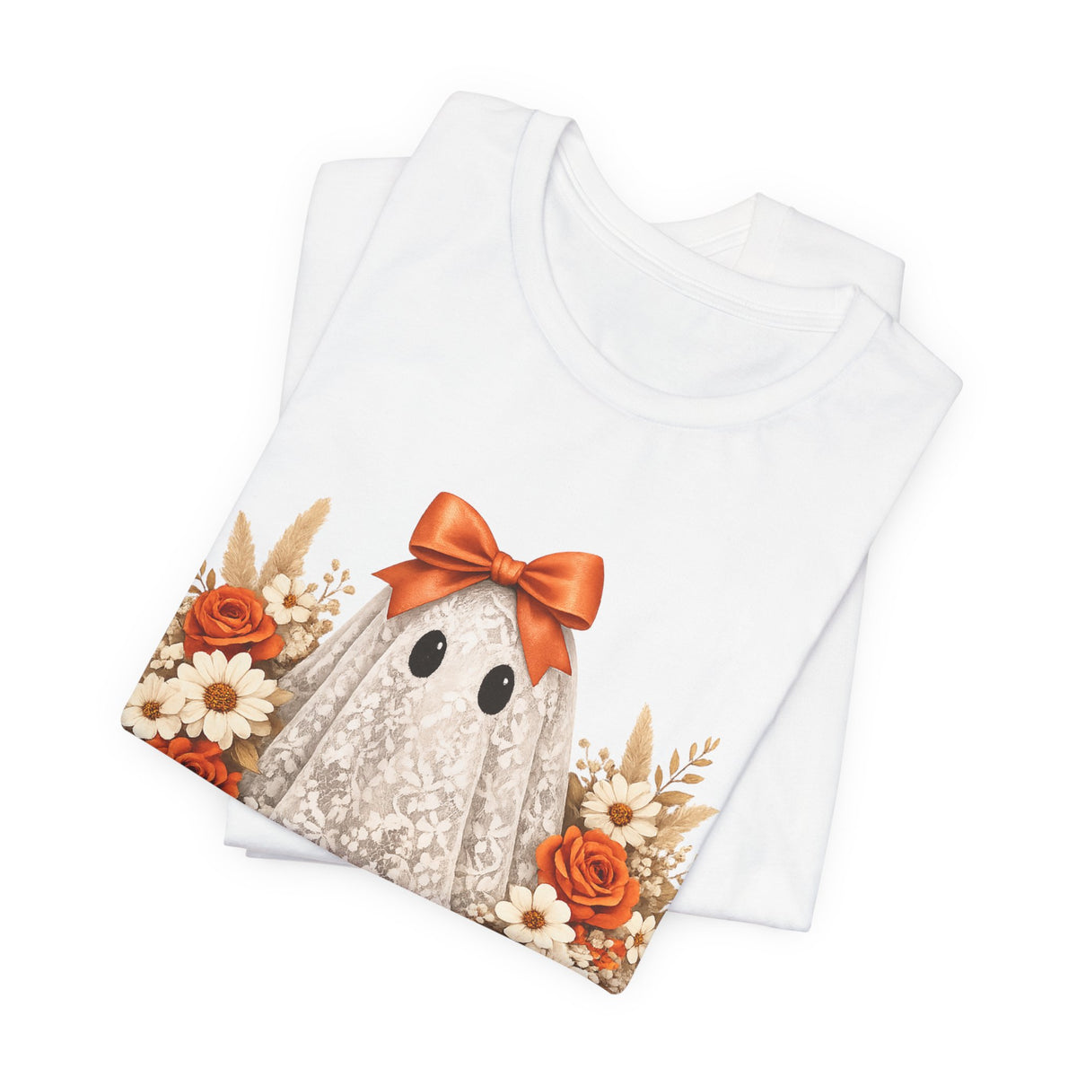 Lace Ghost Tee with Orange Floral Bouquet — Cute Halloween T-Shirt