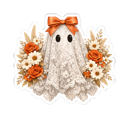 Halloween Floral Ghost Sticker — Cute Lace Ghost with Orange Bow & Roses
