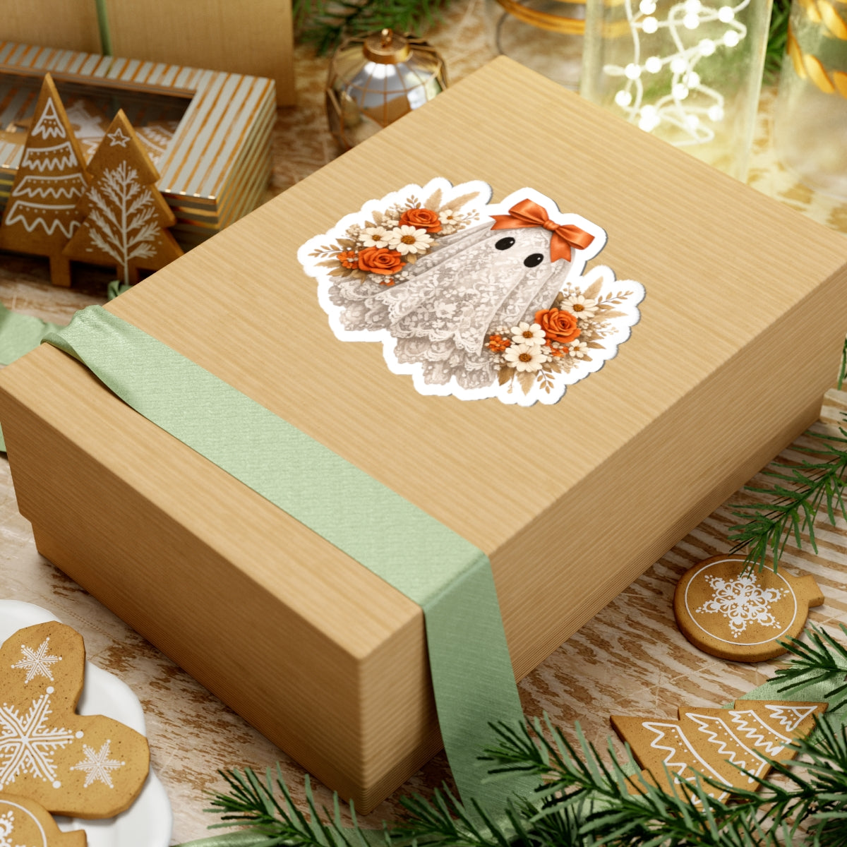 Halloween Floral Ghost Sticker — Cute Lace Ghost with Orange Bow & Roses