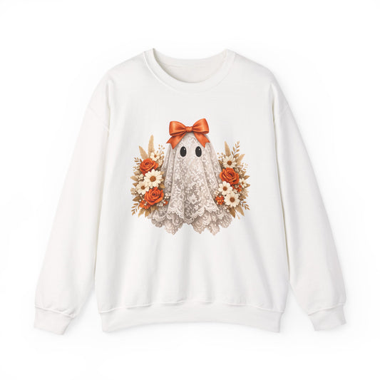Halloween Floral Ghost Sweatshirt — Cute Ghost with Orange Bow & Autumn Flowers