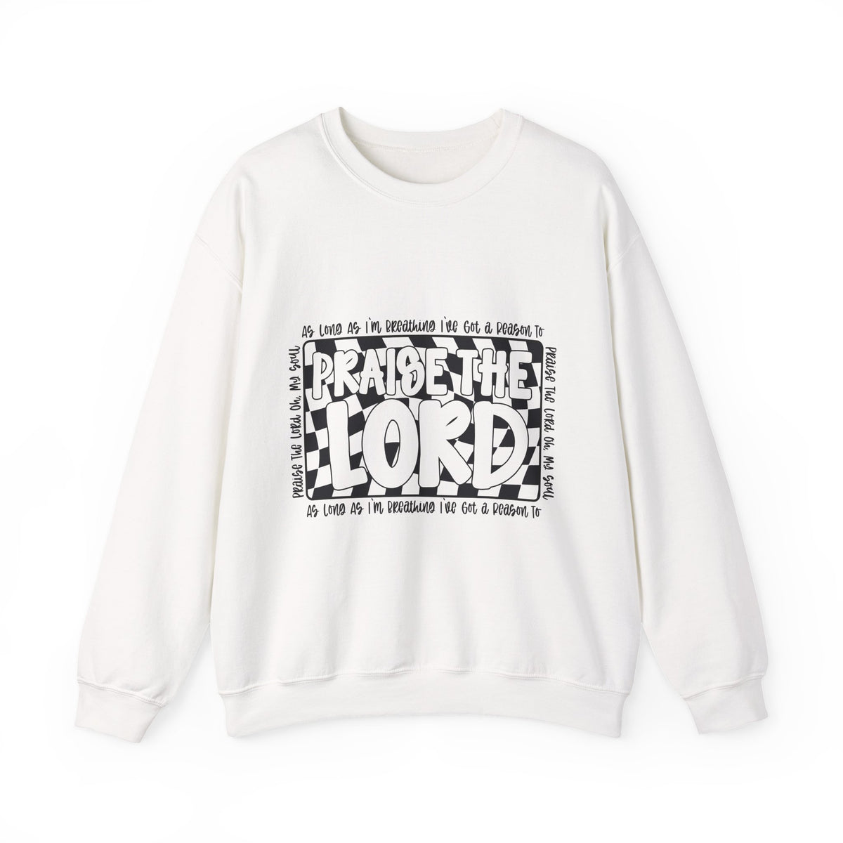 Praise the Lord Crewneck Sweatshirt — Retro Checkerblock Faith Graphic