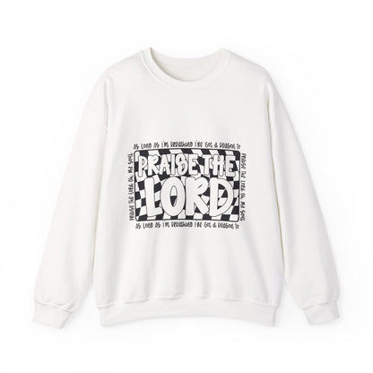 Praise the Lord Crewneck Sweatshirt — Retro Checkerblock Faith Graphic