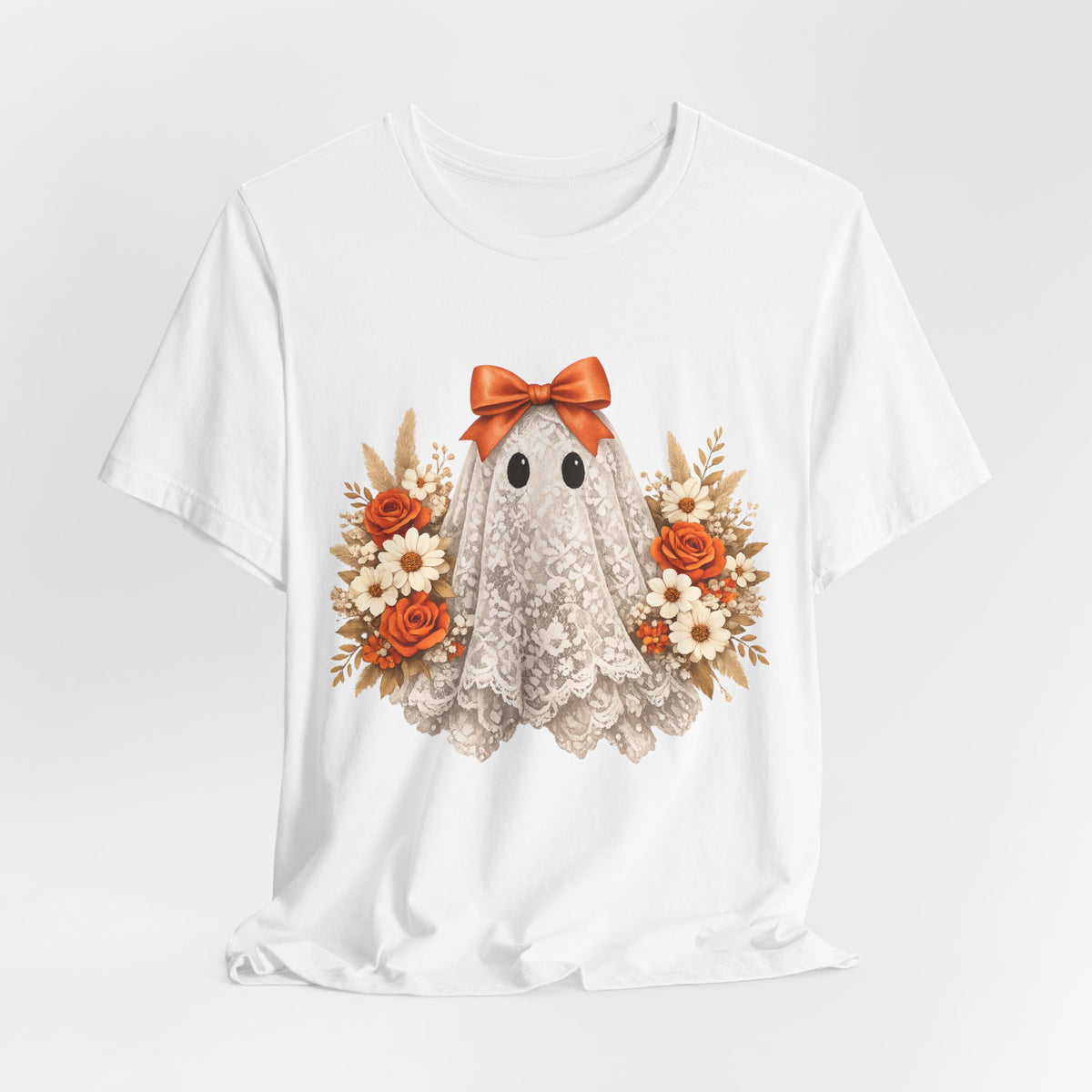 Lace Ghost Tee with Orange Floral Bouquet — Cute Halloween T-Shirt