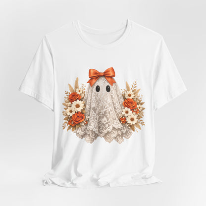 Lace Ghost Tee with Orange Floral Bouquet — Cute Halloween T-Shirt