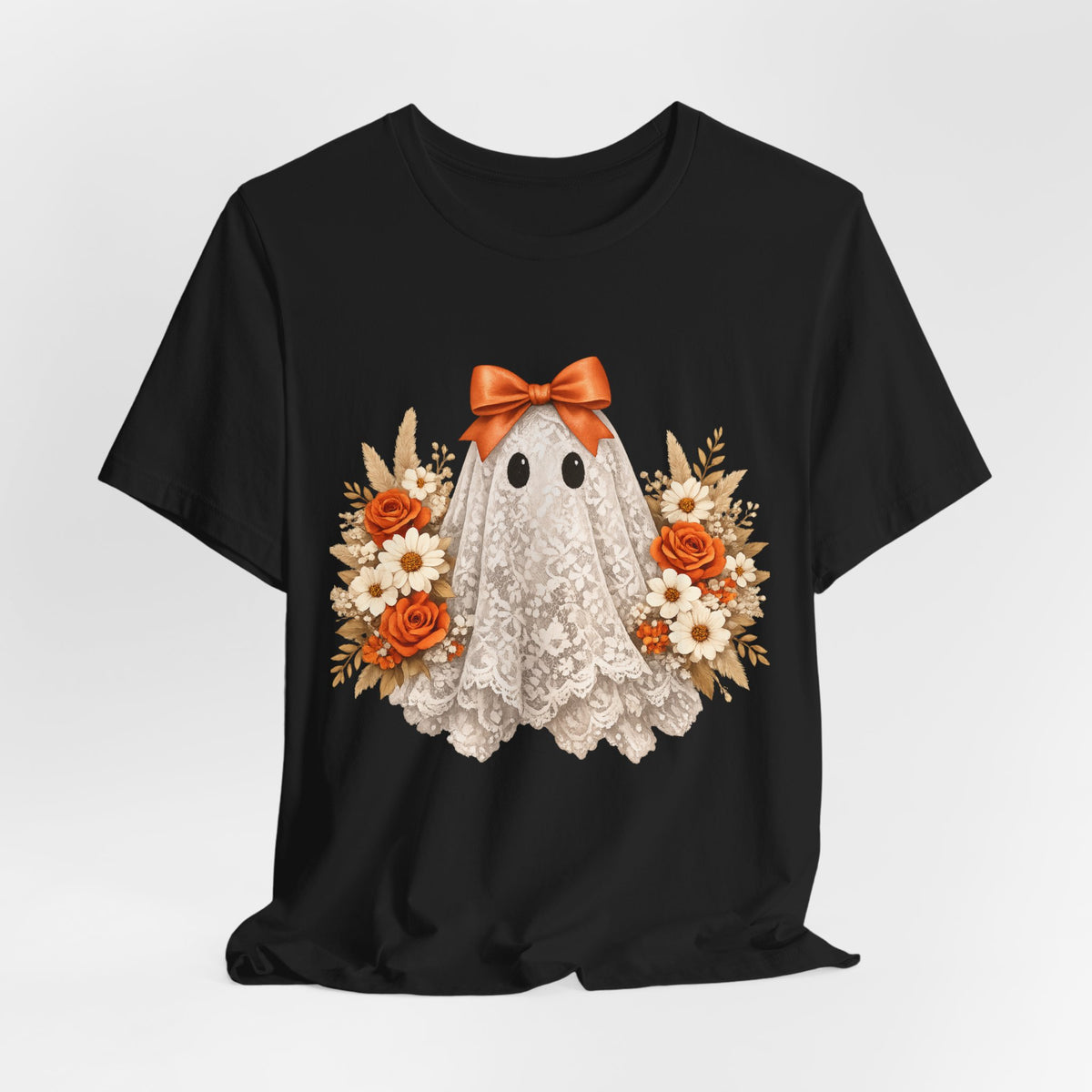 Lace Ghost Tee with Orange Floral Bouquet — Cute Halloween T-Shirt